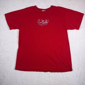 Vintage Y2K‎ Red USA Graphic T Shirt Patriotic Stars Embroidered Womens L